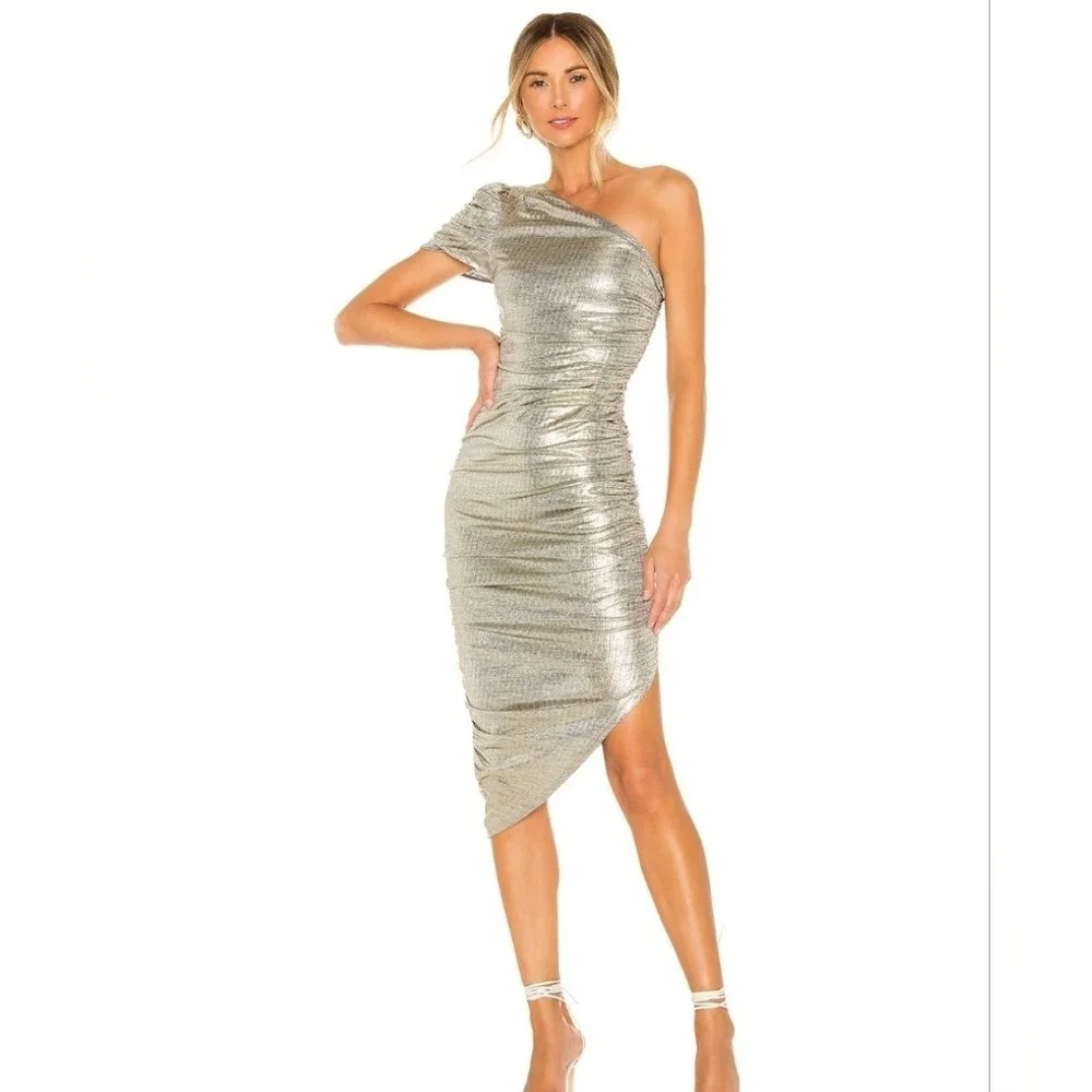 House of Harlow 1960 Silver Metallic One Shoulder Ruched Bodycon Dress